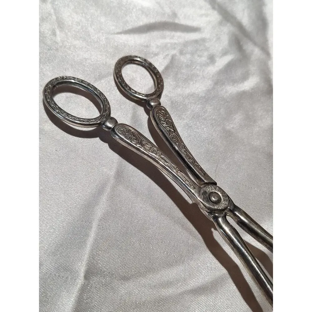 Vintage Silver Plate Scissor Pastry Tongs Engraved Cake Dessert Serving Utensil